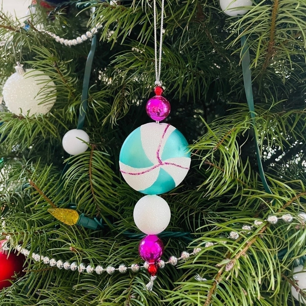 Vintage Beaded Tassel Drop Christmas Ornament Mint Pink Collectible 6.5”